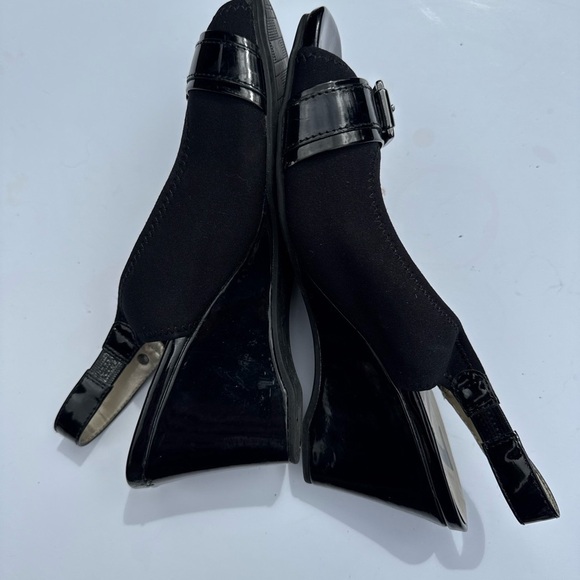 Anne Kline SZ 8.5M Slingback buckle Patent Leather Wedge Black Peep Open Toe - Picture 10 of 12
